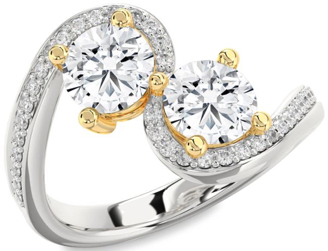 Diamond Silver & 10K gold Round Two Stone Pave Ring