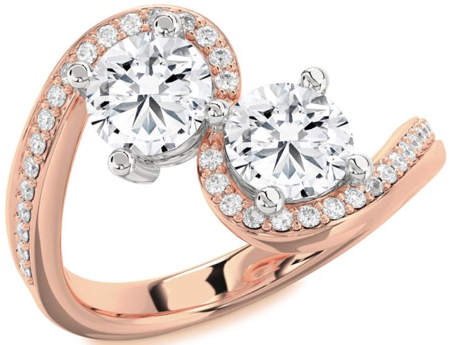 Diamond Rose Gold Silver Round Two Stone Pave Ring