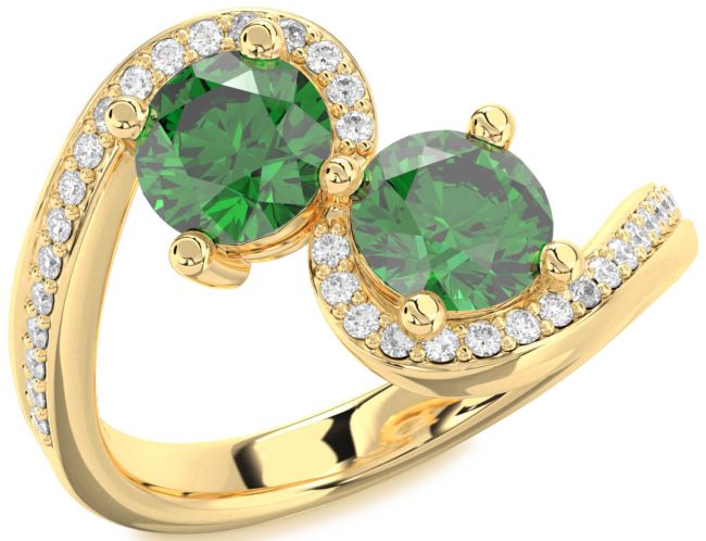 Diamond Emerald Gold Round Two Stone Pave Birthstone Ring