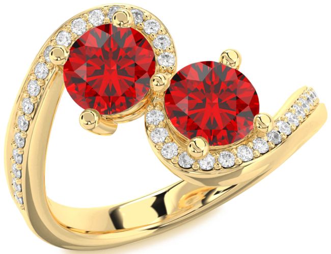 Diamond Ruby Gold Round Two Stone Pave Birthstone Ring
