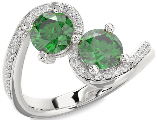 Diamond Emerald Silver Round Two Stone Pave Birthstone Ring