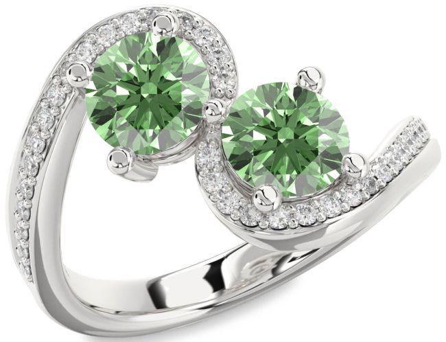 Green Diamond Silver Round Two Stone Pave Ring