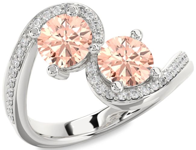 Diamond Morganite Silver Round Two Stone Pave Ring