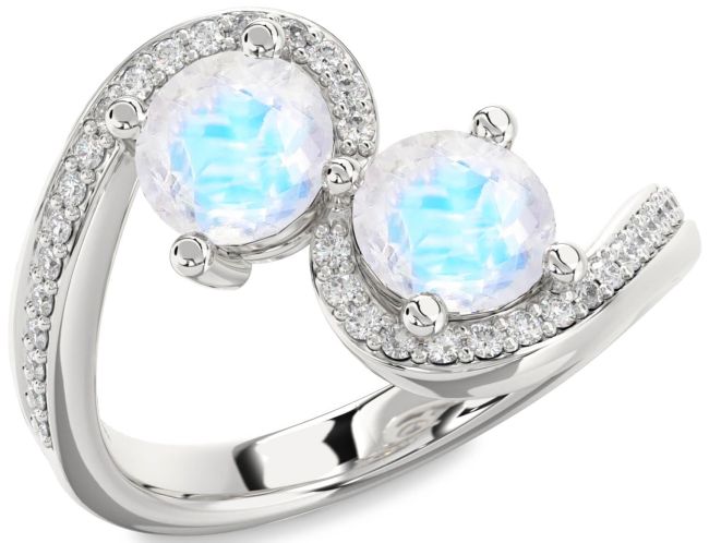 Diamond Moonstone Silver Round Two Stone Pave Ring