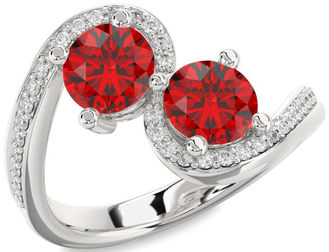 Diamond Ruby Silver Round Two Stone Pave Birthstone Ring