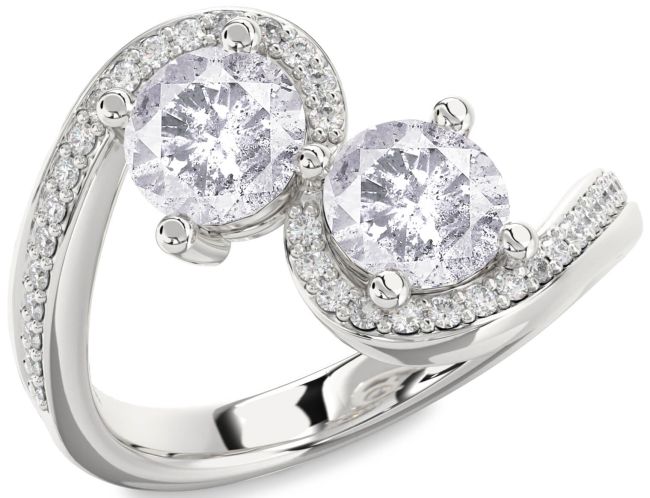 Salt & Pepper Diamond Silver Round Two Stone Pave Ring