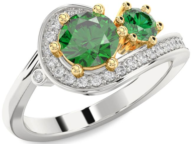 Diamond Emerald Gold Silver Round Two Stone Birthstone Ring