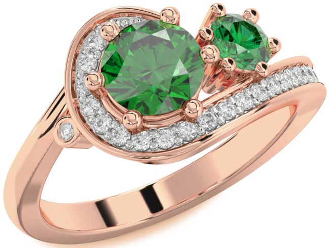 Diamond Emerald Rose Gold Round Two Stone Birthstone Ring