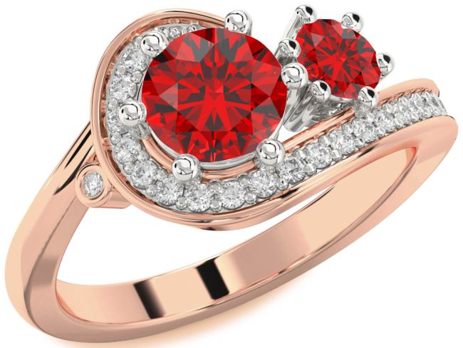 Diamond Ruby Rose Gold Silver Round Two Stone Birthstone Ring