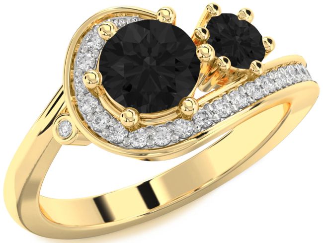 Black Diamond Gold Silver Round Two Stone Ring