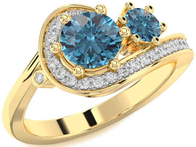 Blue Diamond Gold Silver Round Two Stone Ring