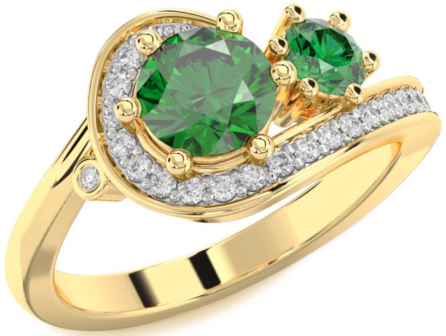 Diamond Emerald Gold Round Two Stone Birthstone Ring