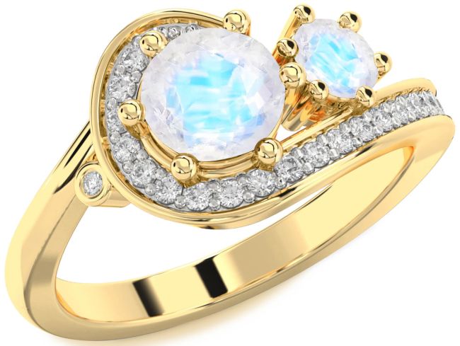 Diamond Moonstone Gold Silver Round Two Stone Ring