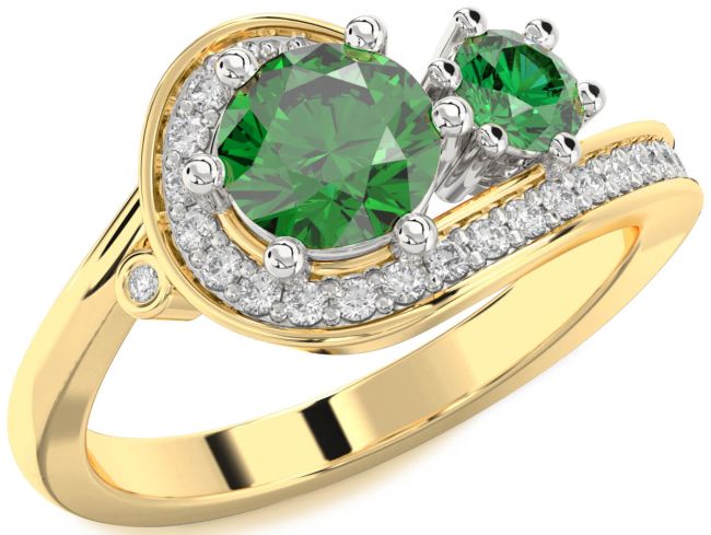 Diamond Emerald Gold Silver Round Two Stone Birthstone Ring