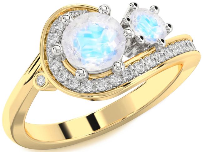 Diamond Moonstone Gold Silver Round Two Stone Ring