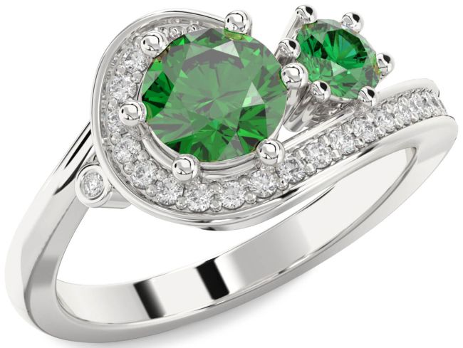 Diamond Emerald Silver Round Two Stone Birthstone Ring