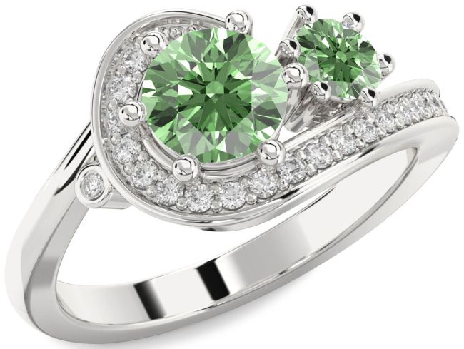 Green Diamond Silver Round Two Stone Ring