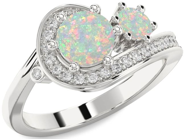 Diamond Opal Silver Round Two Stone Birthstone Ring