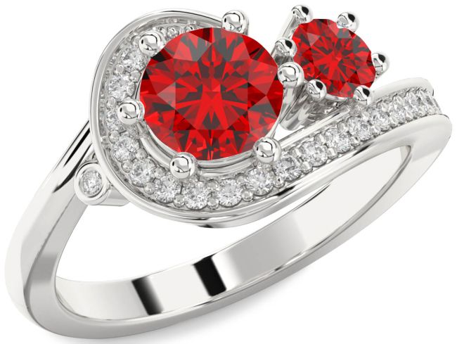 Diamond Ruby Silver Round Two Stone Birthstone Ring
