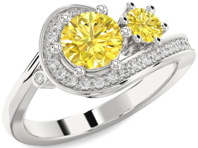 Yellow Diamond Silver Round Two Stone Ring