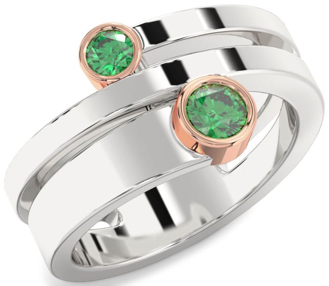 Emerald Rose Gold Silver Round Two Stone Birthstone Ring