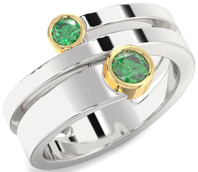 Emerald Gold Silver Round Two Stone Birthstone Ring