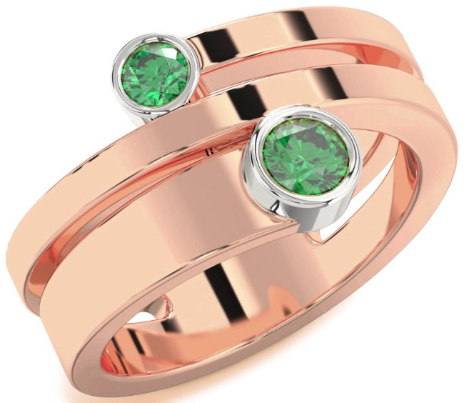 Emerald Rose Gold Silver Round Two Stone Birthstone Ring