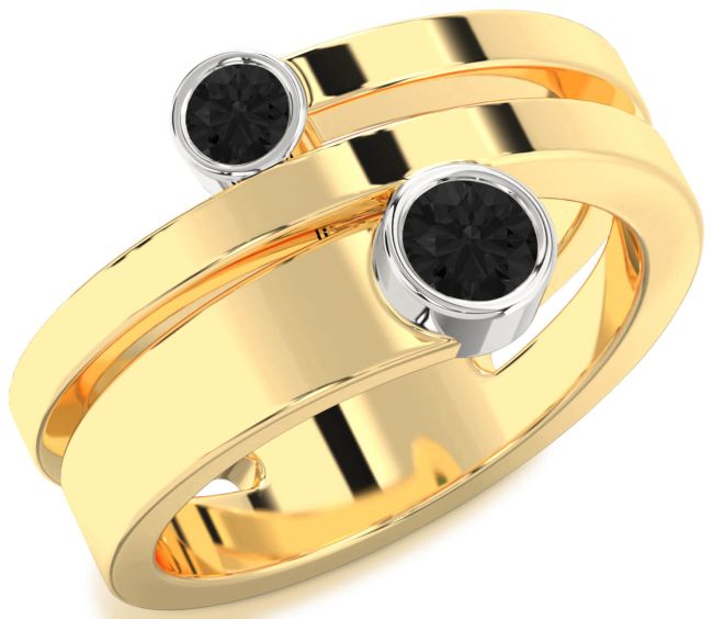 Black Diamond Gold Silver Round Two Stone Ring