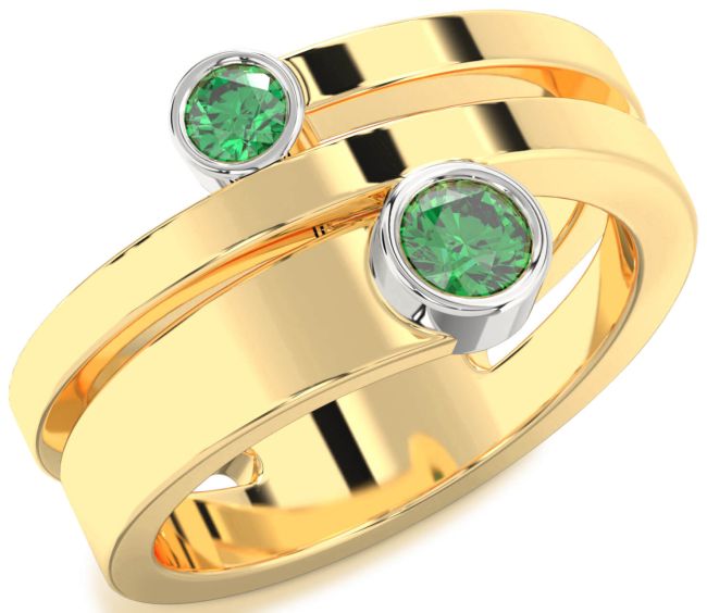 Emerald Gold Silver Round Two Stone Birthstone Ring