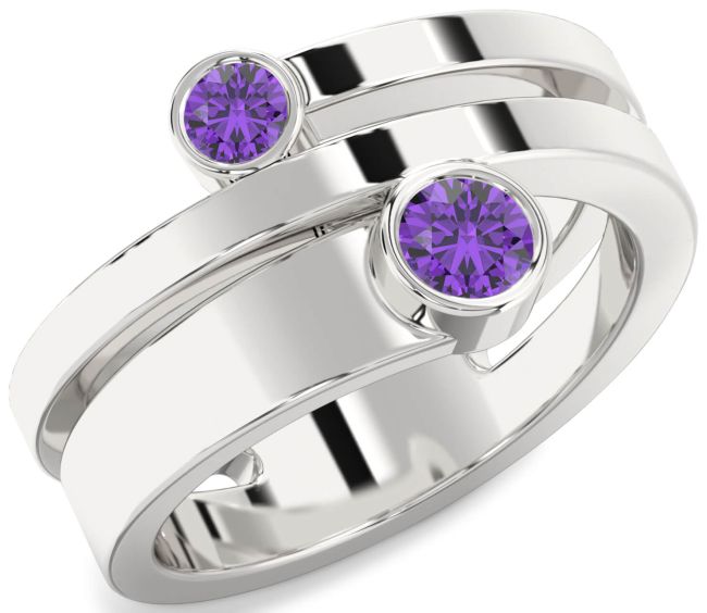 Amethyst Silver Round Two Stone Birthstone Ring
