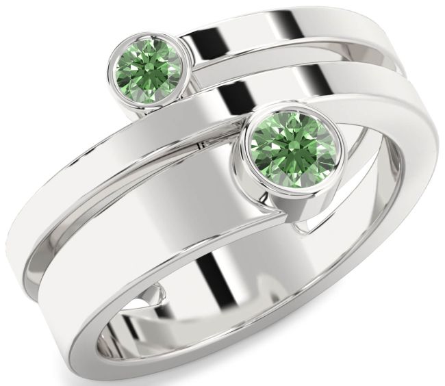 Green Diamond Silver Round Two Stone Ring