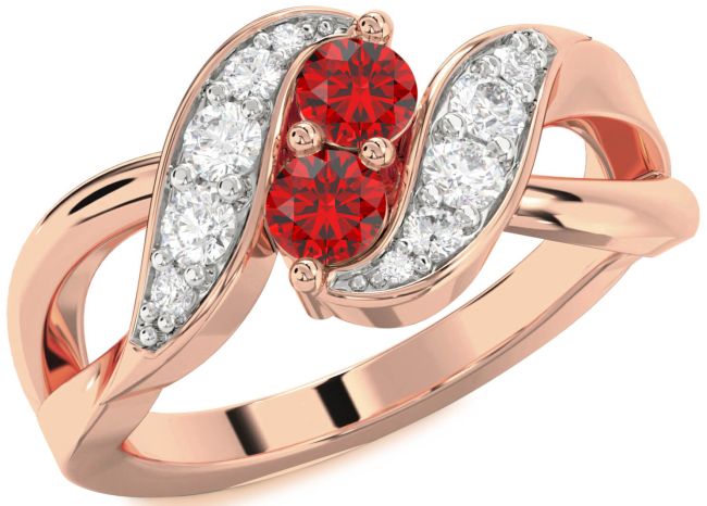 Diamond Ruby Rose Gold Round Two Stone Birthstone Ring