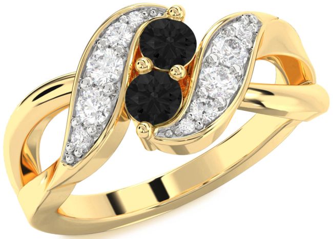 Black Diamond Gold Silver Round Two Stone Ring