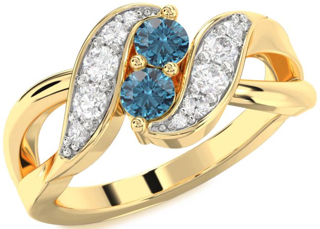 Blue Diamond Gold Silver Round Two Stone Ring
