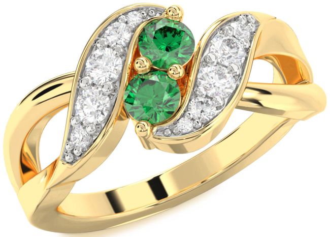 Diamond Emerald Gold Round Two Stone Birthstone Ring