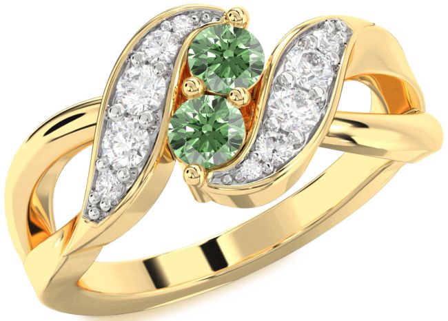 Green Diamond Gold Silver Round Two Stone Ring
