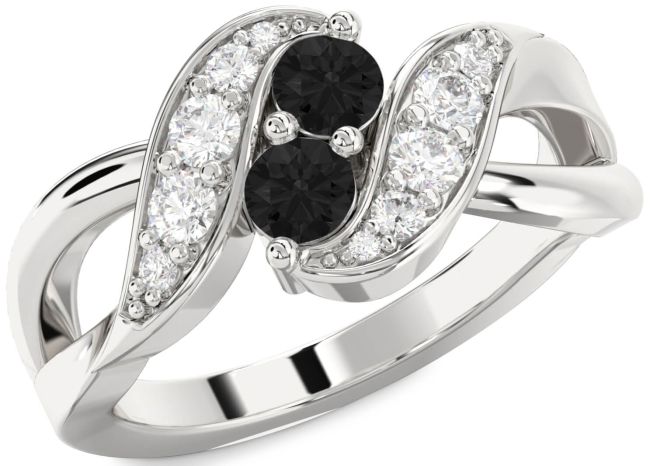 Black Diamond Silver Round Two Stone Ring