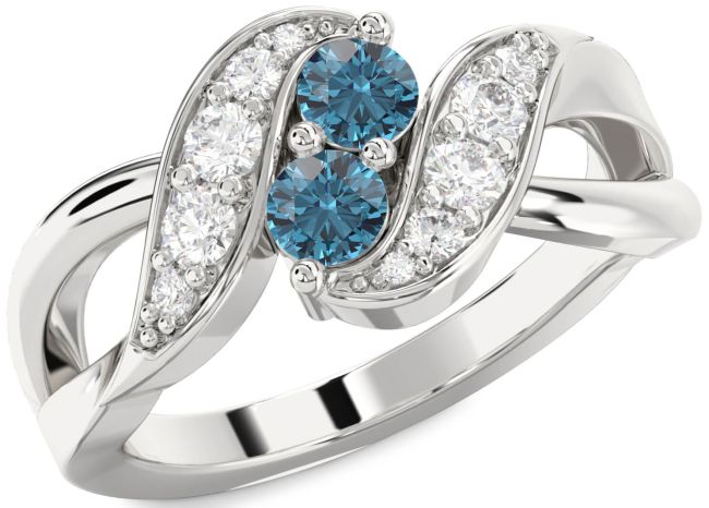 Blue Diamond Silver Round Two Stone Ring