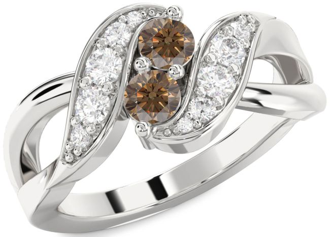 Chocolate Brown Diamond Silver Round Two Stone Ring