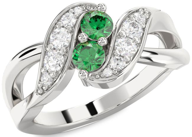 Diamond Emerald Silver Round Two Stone Birthstone Ring