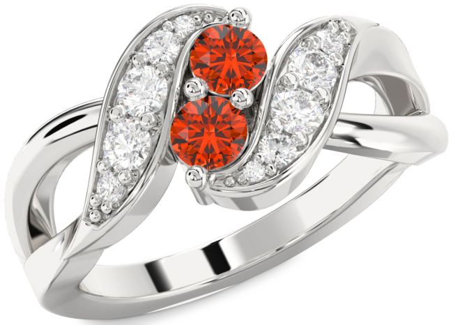Diamond Fire Opal Silver Round Two Stone Ring