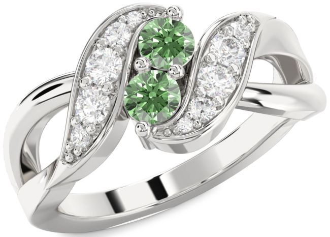Green Diamond Silver Round Two Stone Ring