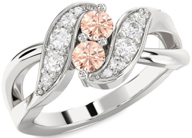 Diamond Morganite Silver Round Two Stone Ring