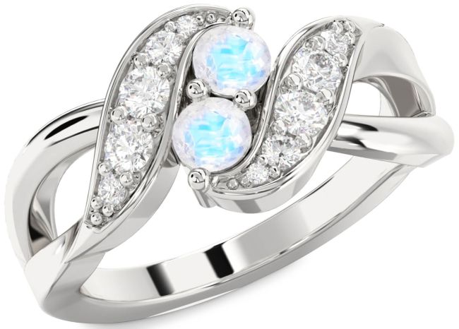 Diamond Moonstone Silver Round Two Stone Ring