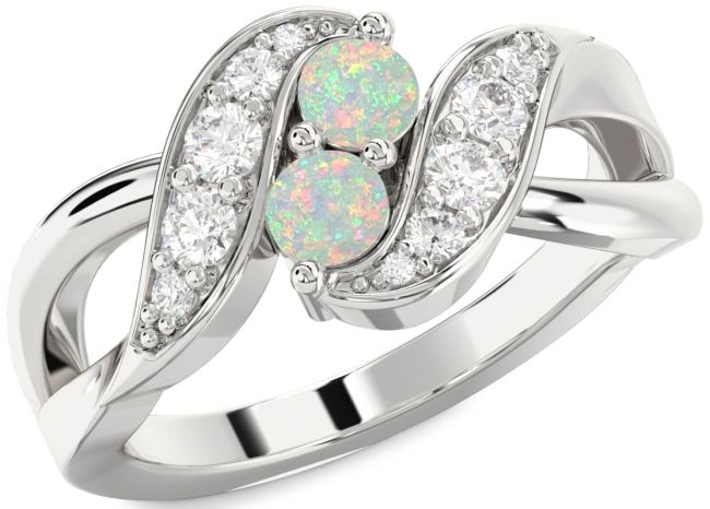Diamond Opal Silver Round Two Stone Birthstone Ring