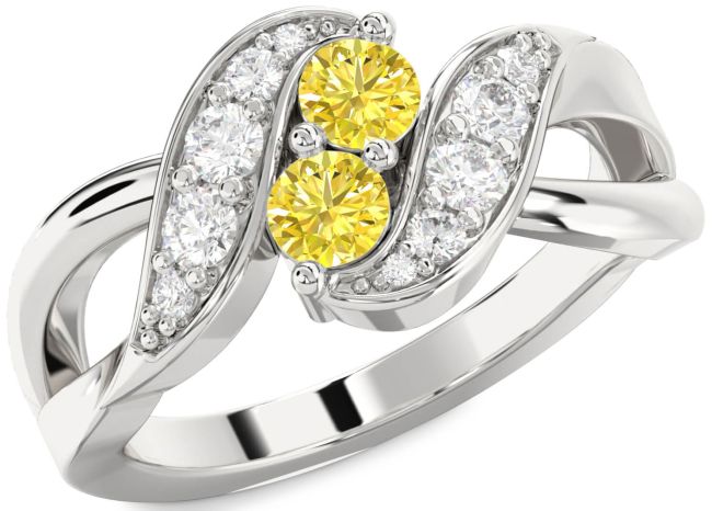 Yellow Diamond Silver Round Two Stone Ring