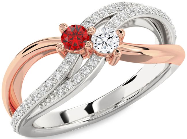 Diamond Silver & 10K Rose Gold Round Two Stone Promise Ring