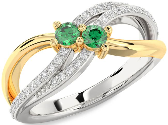 Diamond Emerald Gold Silver Round Two Stone Birthstone Ring