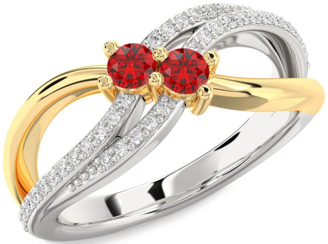 Diamond Ruby Gold Silver Round Two Stone Birthstone Ring