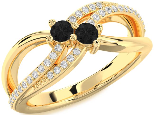Black Diamond Gold Silver Round Two Stone Ring